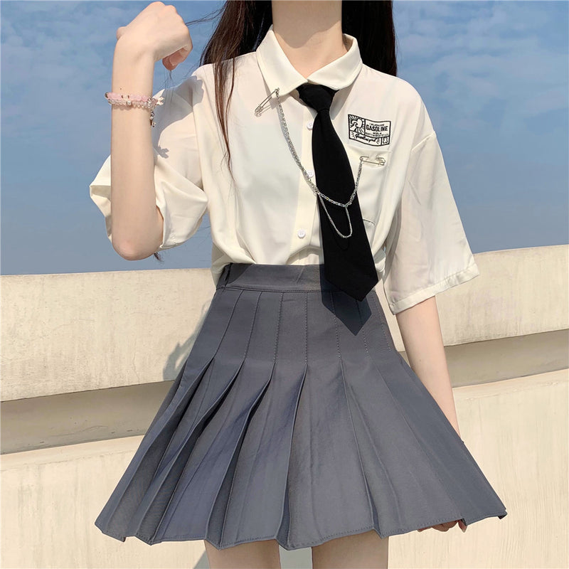 Gothic Lolita Harajuku Style Clothing College Style JK Short Sleeve White Shirt Gray Pleated Skirt Suit