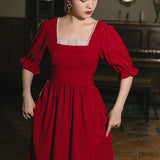 Women cottagecore Dress Summer Retro Red Square Collar Puff Sleeve Dress Long Dress