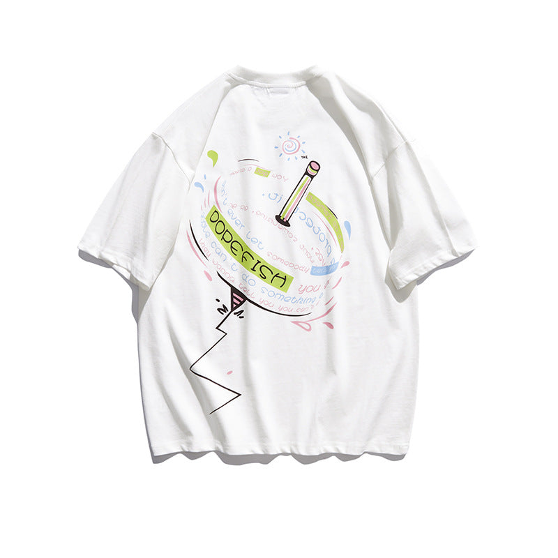 Cartoon Literary Flower Printing Short Sleeve Street Casual Loose-Fitting T-shirt Men's Fashion Half Sleeve Couples Dress Summer Wear