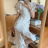 Gothic Lolita Harajuku Style Clothing Drawstring Lace White Mid-Length Dress