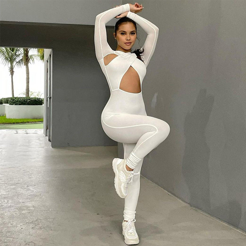 Fall Women's Clothing Sexy Cutout High Waist Tight Long Sleeve Sports Casual Fitness Jumpsuit
