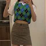 Preppy Aesthetic Outfits Women's Diamond Plaid Sleeveless Sweater Preppy Style Woolen Vest for Women