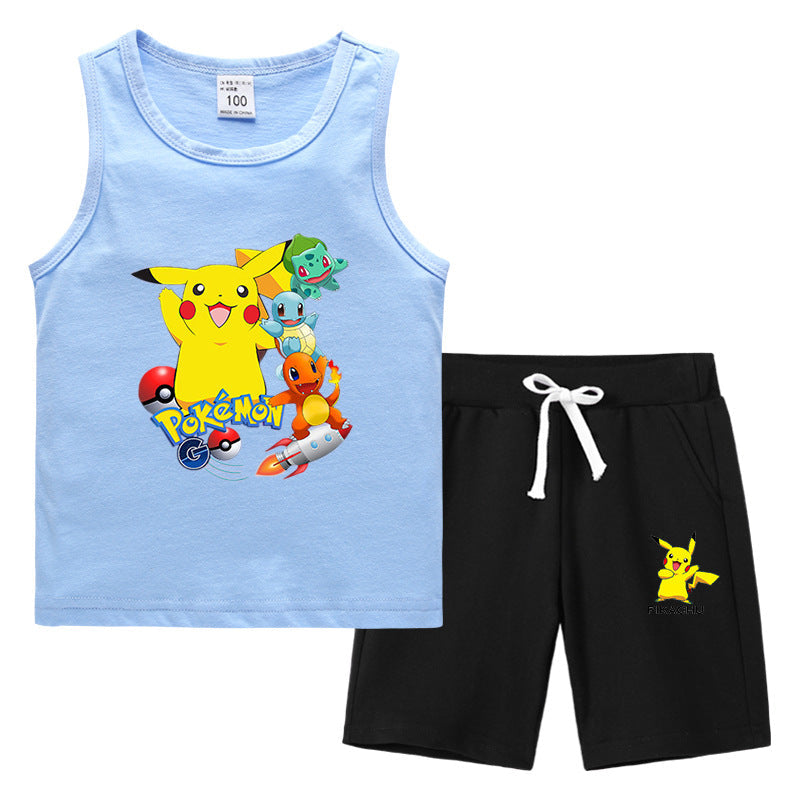Children Pokemon Pikachu Tshirts & Shorts Summer Vest Middle Pants Sports Casual Thin Two Pieces