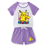 Children Pokemon Pikachu Tshirts & Shorts Short-Sleeved T-shirt Shorts Casual Sports Two-Piece Neutral