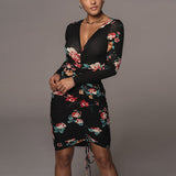 Women Summer Dresses Midi Dress Sexy V-neck Long Sleeve Printed Dress