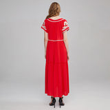 Women Dresses Bohemian Embroidered V-neck Lace-up Dress Long Dress