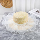 Straw Hat Pearl Mesh Straw Hat Flat Top Hat