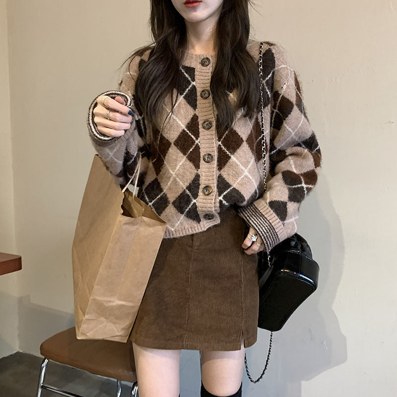 Preppy Aestitic Outfits Plaid Knitted Cardigan Jacket