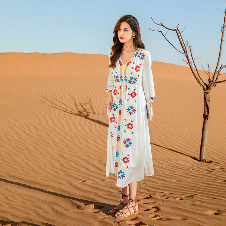 Beth Dutton Bohemian Dress Winter Autumn Midi Dresses Embroidered V-neck Lace-up Waist-Controlled Slimming Holiday Dress