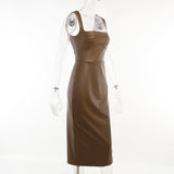 Emily Ratajkowski Dress Slim-Fit Leather Vest Long Dress Suspender Dress