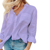 Women Bohemian Shirts Women's Summer Solid Color Long Sleeve Shirt Lapel Cotton