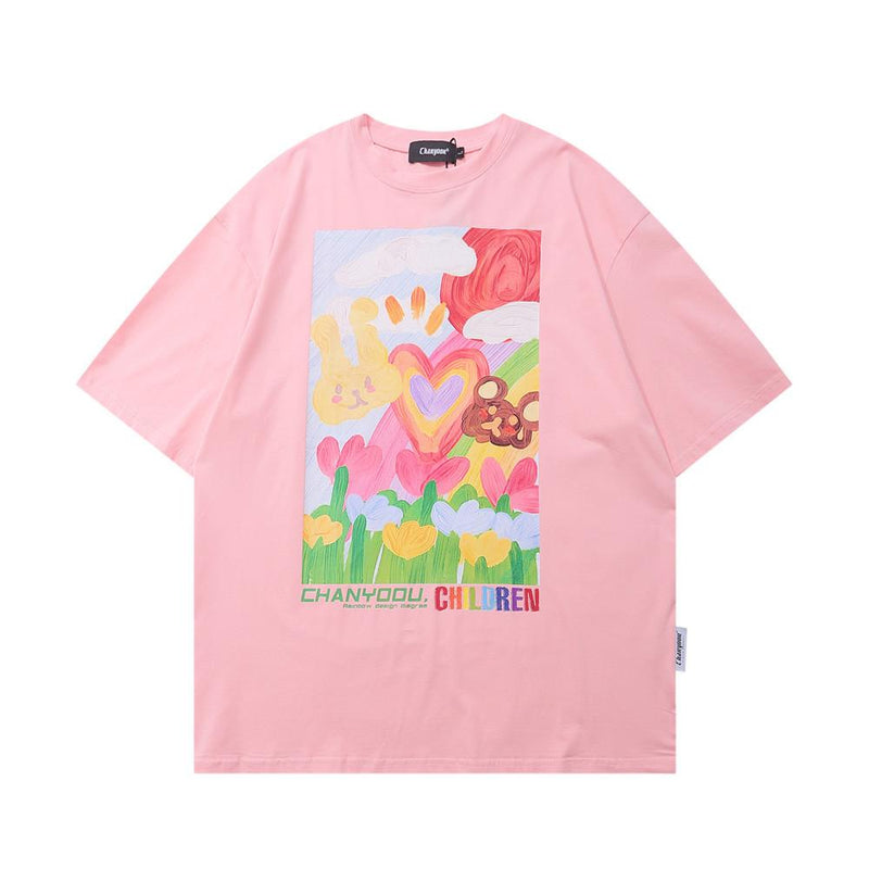 Men's T Shirt Summer Casual Tops Flower Print Short Sleeve T-shirt Men's Half Sleeve Boyfriend Harajuku Style Trendy Loose Half Sleeve