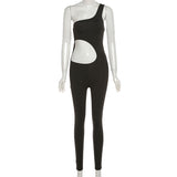 Summer Women's High Waist Slant Shoulder Hollow-out Tight Sports Casual Jumpsuit
