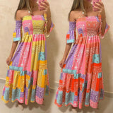 Women Bohemian Dress Summer off-the-Shoulder Waist Trimming Printing Dress