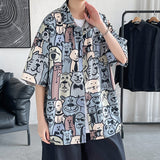 Men's Shirts Summer Men's Ice Silk Hand-Painted Anime Print Shirt