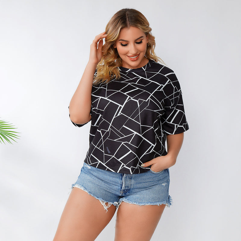 Women plus Size Tops Summer Loose Geometric Striped Short Sleeve T-shirt Casual Fashion Tops