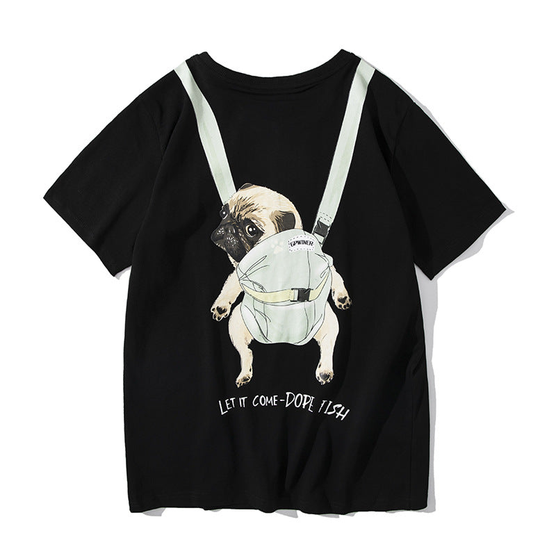 Men's T-shirt Summer Men's Short-Sleeved T-shirt Cotton round Neck Loose Cartoon Backpack Puppy Anime Print Top Tee