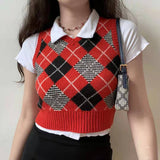 Preppy Aesthetic Outfits Retro Pullover V-neck Rhombus Knitted Vest Women