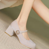 Nude Pumps Block Heel Thick Heel Leather Shoes