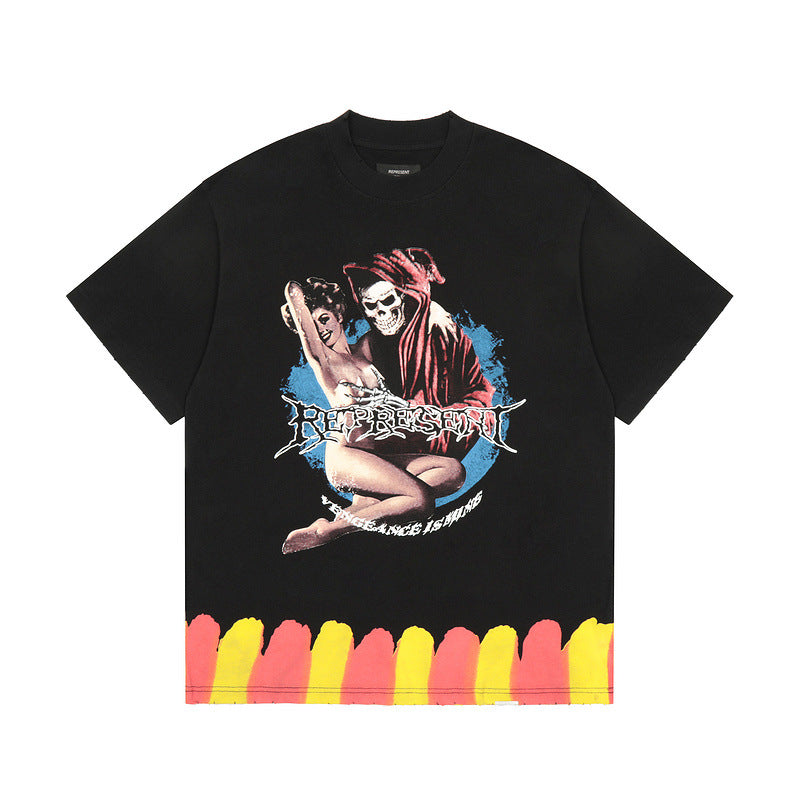 Present T Shirt Vintage Distressed Beauty Devil Print Loose Hip Hop Couple