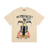 Present T Shirt Flame Motorcycle Skull Distressed Cotton T-shirt
