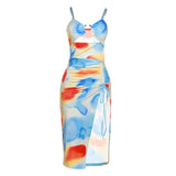 Music Festivals Rave Outfits Dress Summer Sexy Suspenders Low Cut Hollow out Slim Floral Print Slit Dress