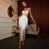 Women Bodycon Dress Mesh See-through Suspender Skirt Tassel Bodycon Dress