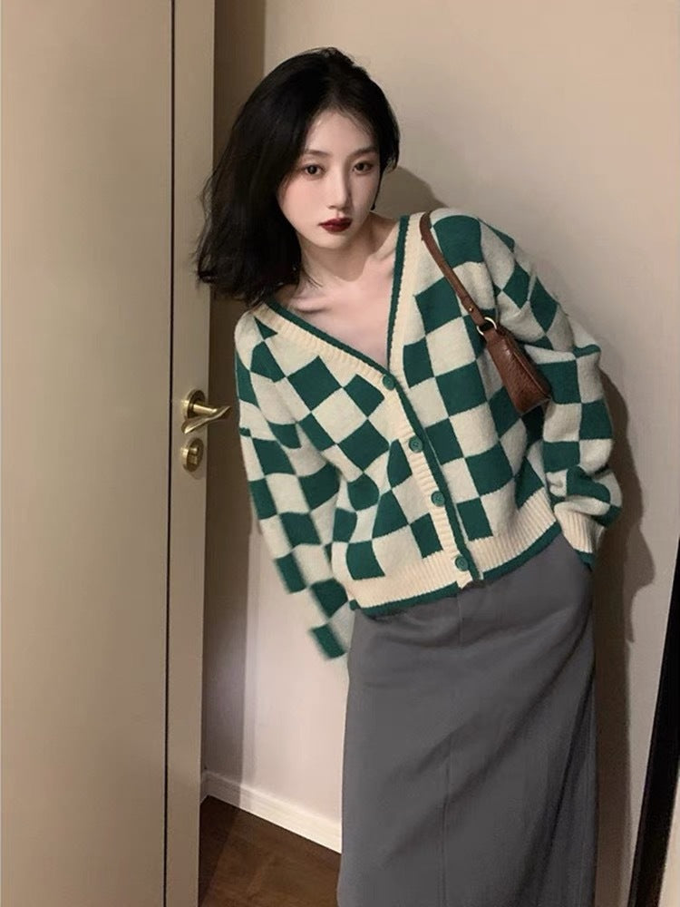 Preppy Aesthetic Outfits Chess Plaid Sweater Coat