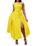 Women Plus Size Midi Dresses Fashionable Off-Shoulder Pure Color Split Dress