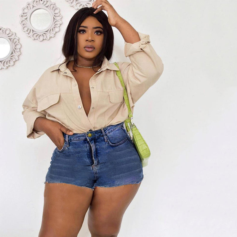 Women Plus Size Denim Shorts Solid Color Casual Denim Straight Shorts