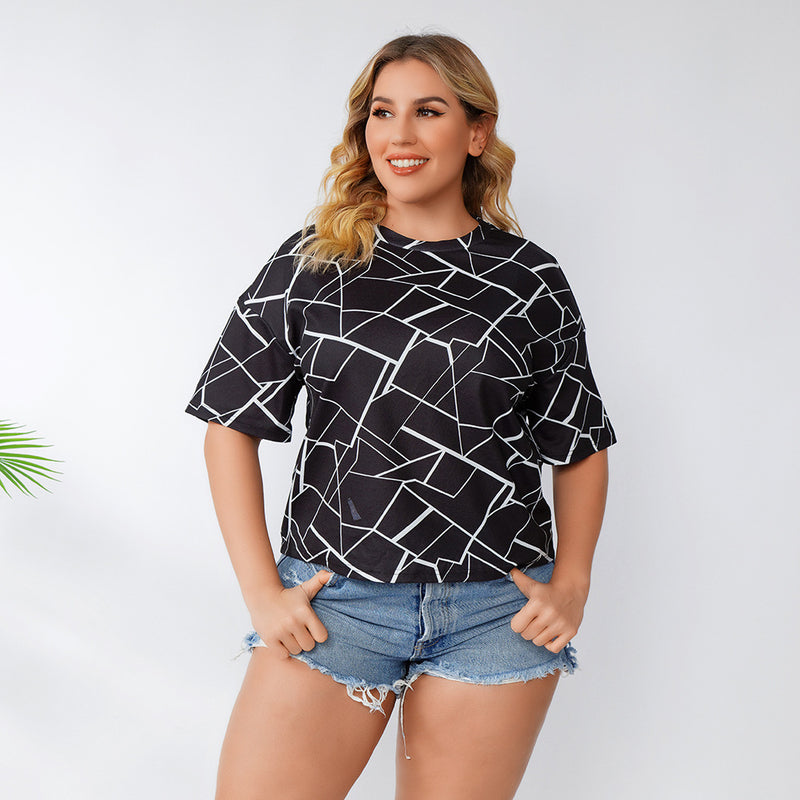 Women plus Size Tops Summer Loose Geometric Striped Short Sleeve T-shirt Casual Fashion Tops