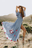 Women Dresses Embroidered Flower Backless Flared Sleeve Dress Long Dress