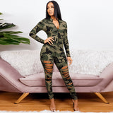 Women Plus Size Jumpsuits Camouflage Printed Ripped Sexy Fashion Jumpsuit