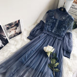 Fairy Dress Stand-Collar Gauze Three-Dimensional Women's High Waist Hollow-out Dress Lantern Lace