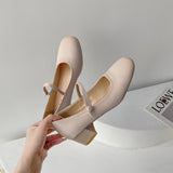 Nude Block Heel Sandals Mary Jane Shoes Women's Vintage High Heels