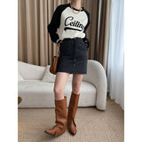 Diana Harvard Sweatshirt Retro Alphabet Color-Block Raglan Sleeves Contrast Color Casual Sweatshirt