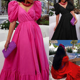 Women Bohemian Dress Women's Summer Fashion Short Sleeve V-neck Solid Color
