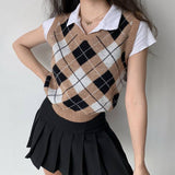 Preppy Aesthetic Outfits Short Retro Pullover Rhombus Knitted Vest Jacket Women's Pullover