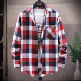 Mens Flannel Jacket Brushed Plaid Slim-Fit Long-Sleeved Shirt Fashion Shirt