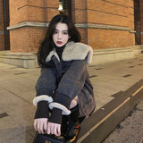 Beth Dutton Outfits Autumn and Winter Loose Vintage Navy Fur Collar Thickened Fleece-Lined Lamb Fur Denim Jacket for Women