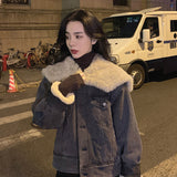 Beth Dutton Outfits Autumn and Winter Loose Vintage Navy Fur Collar Thickened Fleece-Lined Lamb Fur Denim Jacket for Women