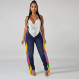 Women Plus Size Jeans High Waist Slim Fit Multicolored Tassel Denim Skinny Pants