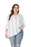 Women Plus Size Tops Summer Loose-Fitting Tassel Drawstring Stripes Half Sleeve Shirt