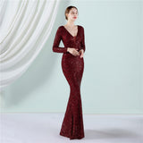 Sequin Evening Dress Elegant Long Sleeve Sequined Queen Fishtail Skirt