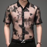 Transparent Shirt for Men Men's Short-Sleeved Shirt Slim Hollow out Embroider Jacket