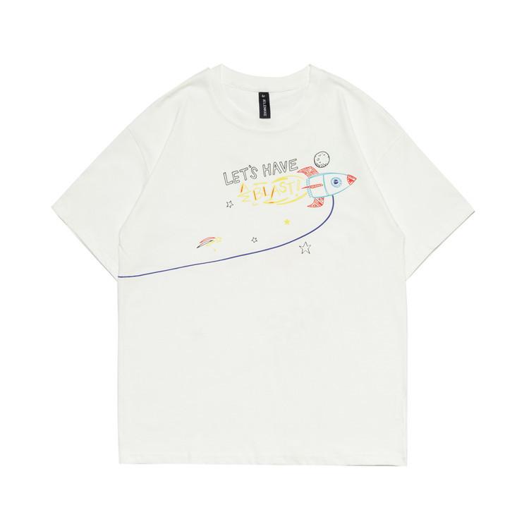 Men T Shirt Summer Casual Tops Men's Clothes Summer Wear Retro Men's round Neck Short Sleeve Casual Cartoon Rocket