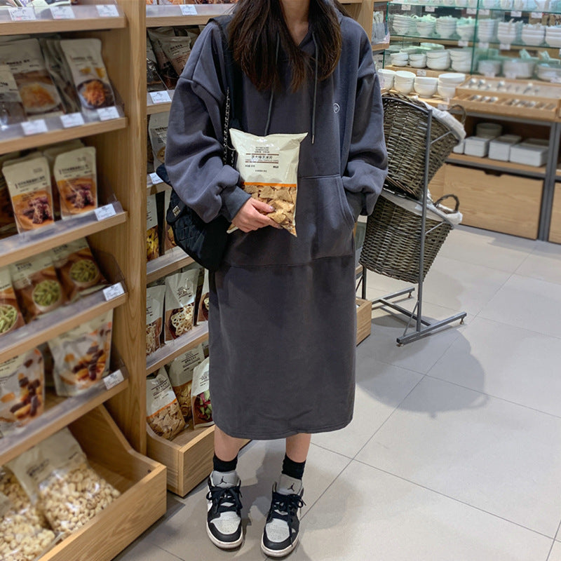 Work Dresses with Pockets Vintage Oversize Hooded Sweater Dress Women's Autumn and Winter Fleece-Lined Thick Loose