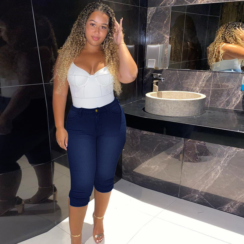 Women Plus Size Jeans High Elastic Slim Denim Cropped Pants