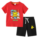 Children Pokemon Pikachu Tshirts & Shorts round Neck Half Sleeve T-shirt Suit Cotton Two-Piece Suit
