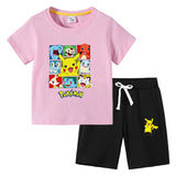 Children Pokemon Pikachu Tshirts & Shorts round Neck Half Sleeve T-shirt Suit Cotton Two-Piece Suit